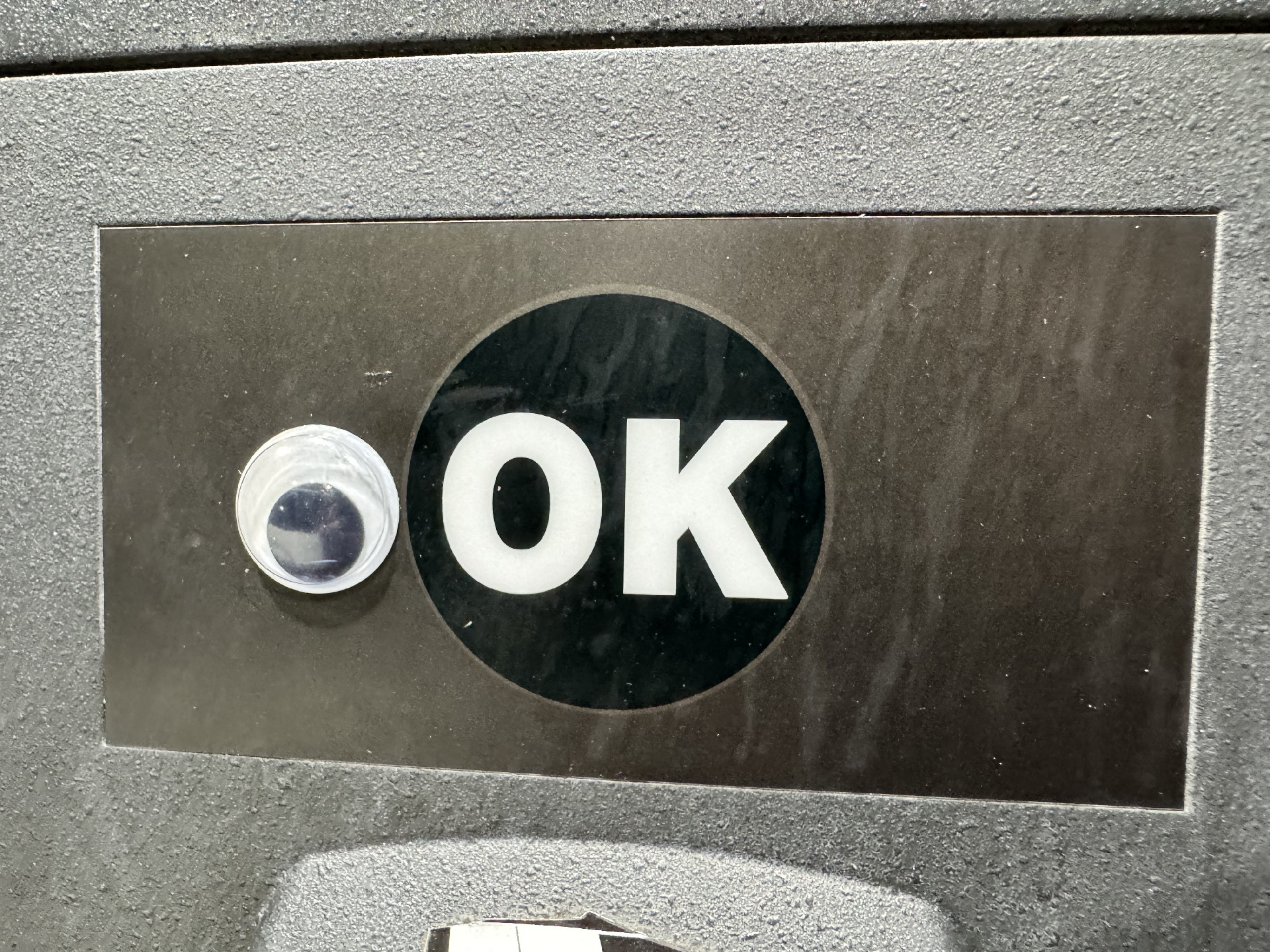 A metal plate on a gas pump with the letters OK. A googly eye has been stuck next to the O